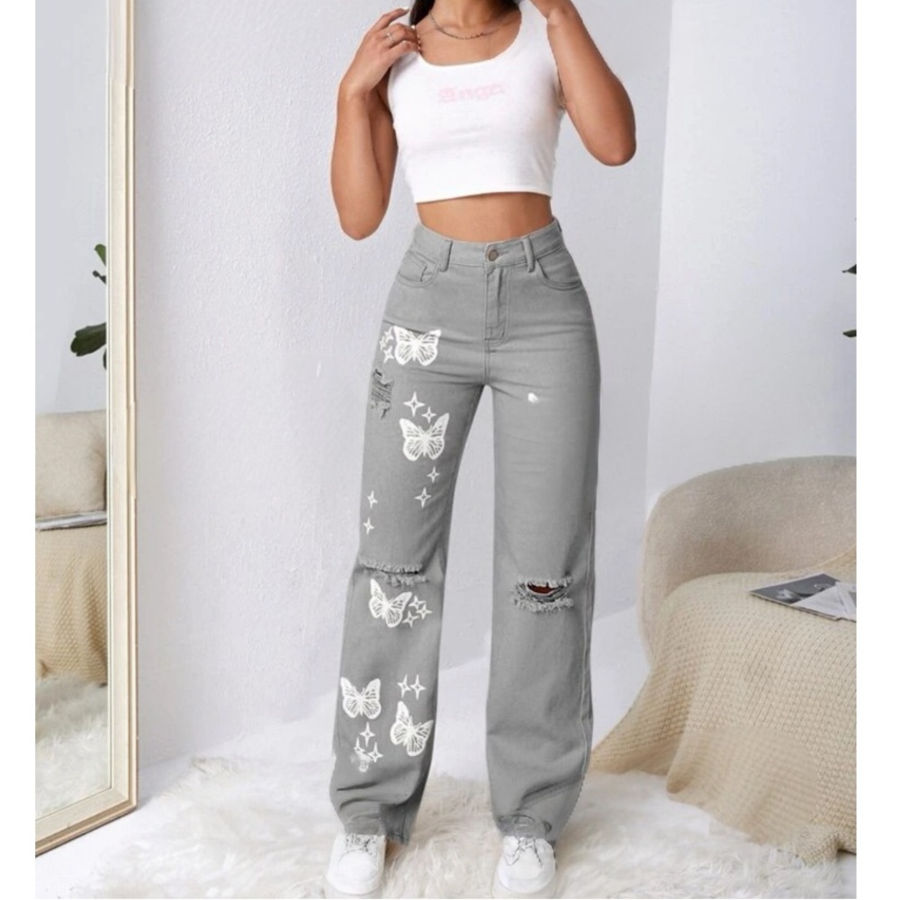 Elegant Gray Women's Flare Jeans with Butterfly Accents